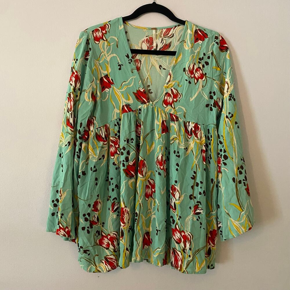 Free People Blue Red Floral V-neck Babydoll Blouse Fairycore Flowy Women's Small